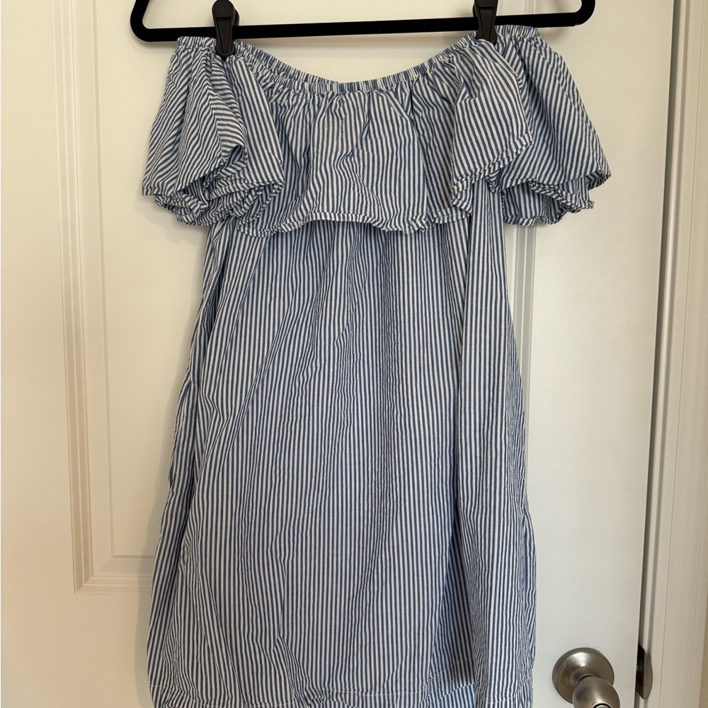 Blue and White Striped Off-Shoulder Dress